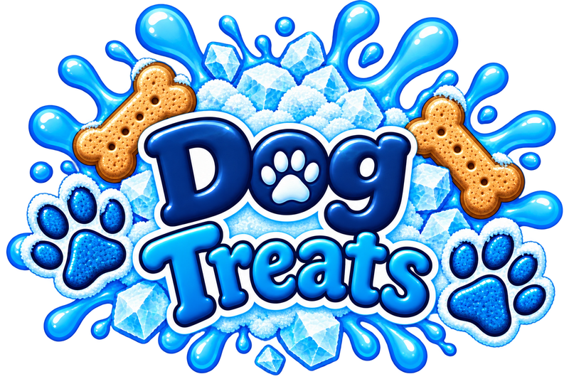 Dog Treats artwork with blue lettering, paw prints, and bone-shaped treats